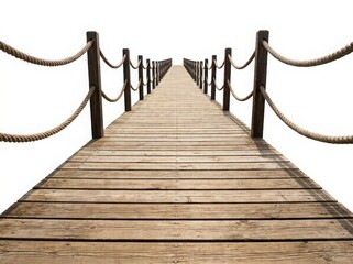 Obraz premium Wooden boardwalk path with rope railings leading into the distance isolated on white background