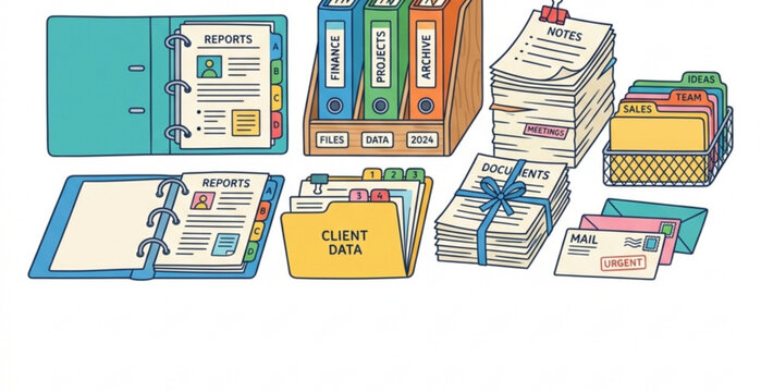 Folders with Files Vector Set Cartoon Office Documents and Paperwork Illustration