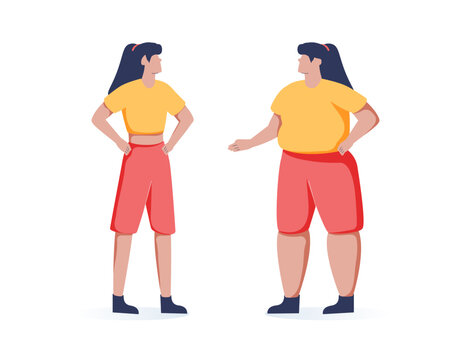 Minimal one line drawing of overweight and slim women illustrating body transformation, weight loss, fitness progress