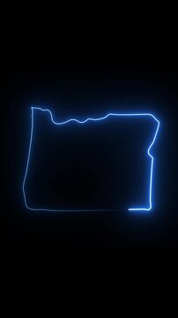 Glowing blue neon light outline of the state of oregon map on a dark black background