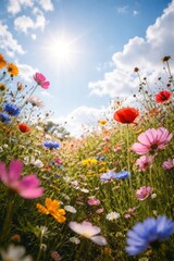Obraz premium Vibrant wildflowers under sunny sky.