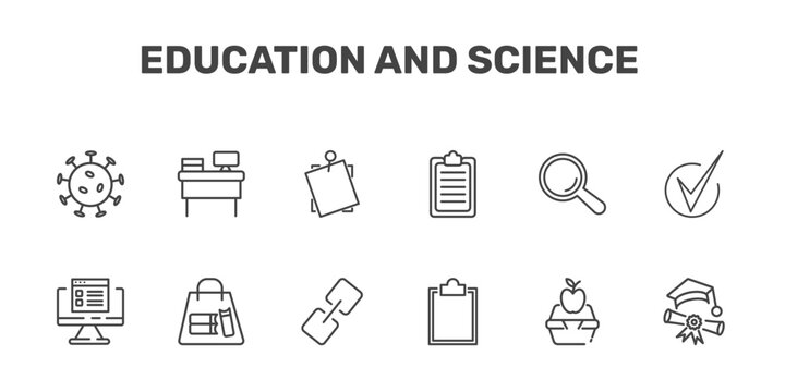 education and science icon set with virus, workspace, sticky note, graduation pictures signs in flat outline style