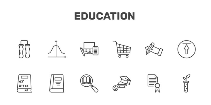 education icon set with communicating vessels, gaussian function, blended learning, plant sample signs in flat outline style