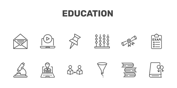 education icon set with open email, tutorial, pushpin, fraternity signs in flat outline style