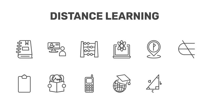 distance learning icon set with notebook with bookmark, online training, abcus, trigonometry signs in flat outline style