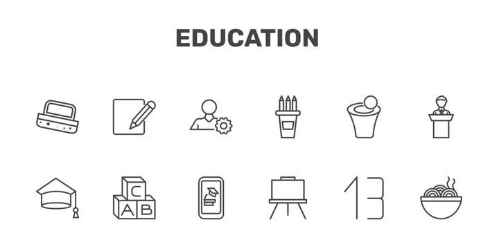 education icon set with blackboard eraser, corrector, users tings, mie signs in flat outline style