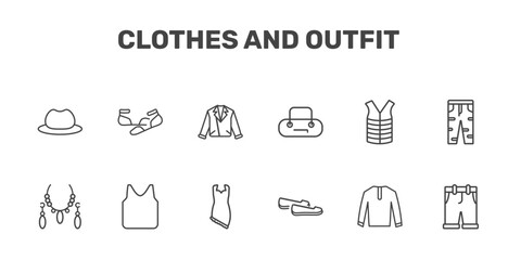 clothes and outfit icon set with men hat, ballets flats, leather biker jacket, chino shorts signs in flat outline style © Abstract