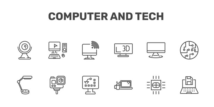 computer and tech icon set with round webcam, full computer, wireless connectivity, save file signs in flat outline style