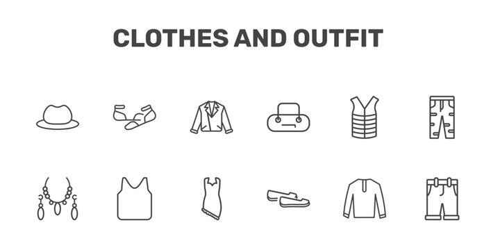 clothes and outfit icon set with men hat, ballets flats, leather biker jacket, chino shorts signs in flat outline style