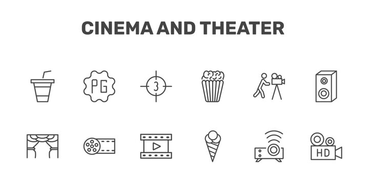 cinema and theater icon set with papper cup with straw, parental guidance, movie countdown, hd video signs in flat outline style