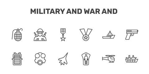 military and war and icon set with granade, infantry, militaty medal, warship signs in flat outline style © Abstract