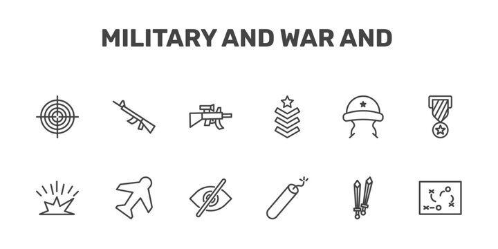 military and war and icon set with target, automatic gun, assault, strategy signs in flat outline style