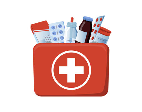 Medical first aid kit with essential medicine supplies for emergency care and home healthcare. Ideal safety, treatment