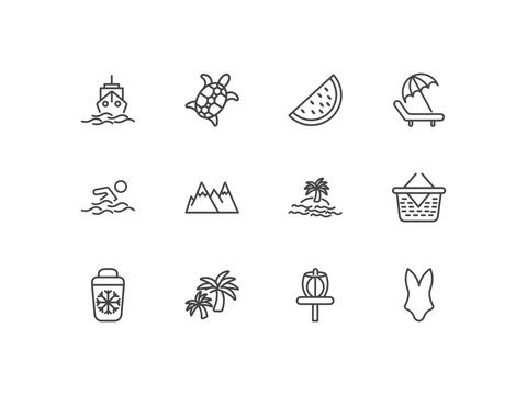 summer icon set with cruise, sea turtle, slice of melon, swimsuit signs in flat outline style