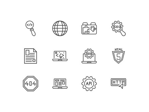 information technology icon set with code review, web page, plugin, http signs in flat outline style