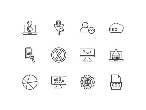 information technology icon set with seo tools, seo funnel, developer, css file format signs in flat outline style