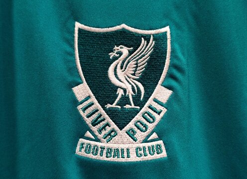 Photo of the embroidered emblem of Liverpool football club on the 2025-2026 third kit. Liverpool FC is a professional football club based in Liverppol, Merseyside, England.