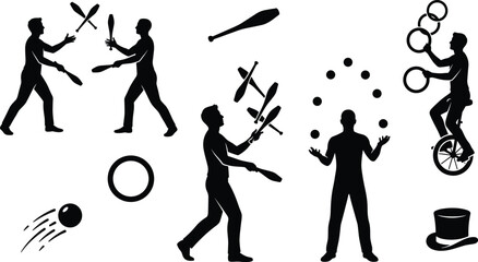 Juggling Performance Silhouette Vector Set Featuring Circus Artists with Clubs Balls Rings Unicycle and Top Hat Graphic Elements © Maslima