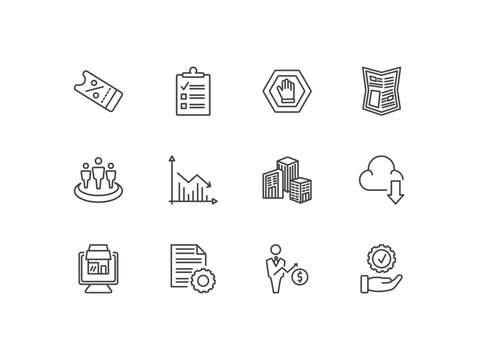 marketing icon set with coupon, checklist, ad blocker, execution signs in flat outline style