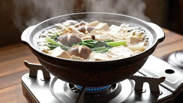 Steaming Japanese hot pot with tofu and mushrooms simmering on portable gas stove