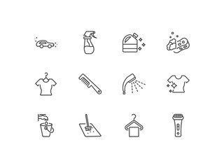 Fototapeta premium cleaning icon set with clean car, wiping sprayer tool, bleach cleanin, shaver cleanin signs in flat outline style