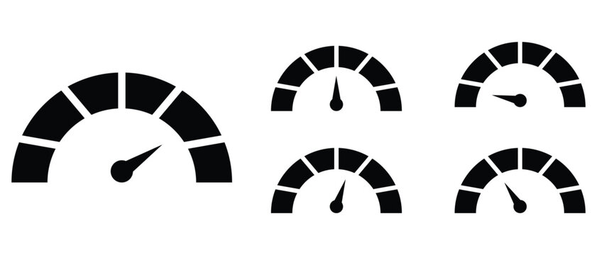 Speedometer gauge icons set. Performance tachometer sign, showing low to high levels for analytics dashboard. Vector illustration.