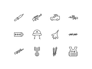 Fototapeta premium military and war and icon set with knife, rifle, army car, bulletproof signs in flat outline style