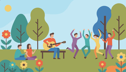 Fototapeta premium Group of people enjoying a picnic in a park with flowers, playing guitar, dancing, and relaxing together on a sunny day.