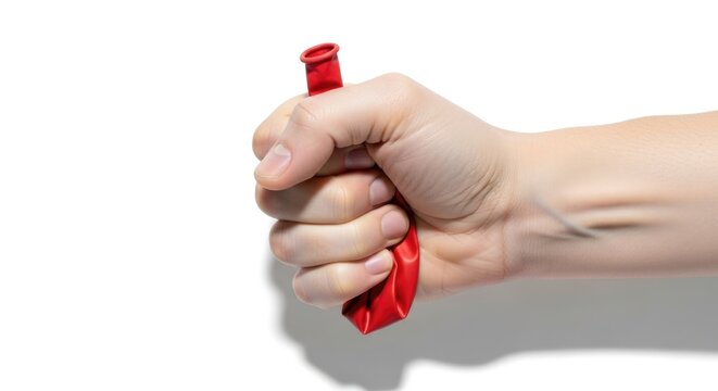 Human hand tightly squeezing a deflated red balloon, a visual metaphor for iron deficiency anemia, symbolizing crucial mineral depletion, a blood disorder causing body weakness