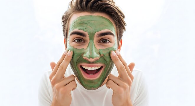 Happy young man applying green clay facial mask for skin care routine