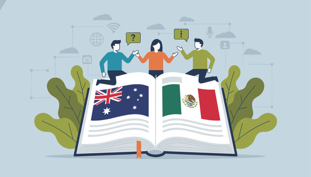 Group of international students discussing language learning while sitting on a large open book representing different countries and cultures.