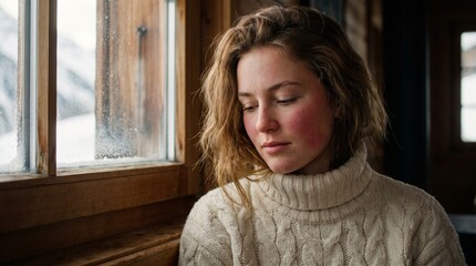 Fototapeta premium Portrait of a young woman in a thick knit sweater sitting by a wooden cabin window