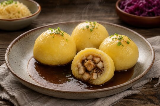 Fr&auml;nkische Kartoffelkl&ouml;&szlig;e mit herzhafter Fleischf&uuml;llung in dunkler Bratenso&szlig;e, einer davon angeschnitten &ndash; traditionell deutsches Festessen aus regionaler Hausmannskost.