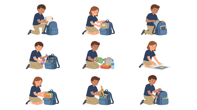 Set of Diverse Elementary School Children Carefully Packing Their Personal School Supplies into Backpacks for Classroom Education Activities