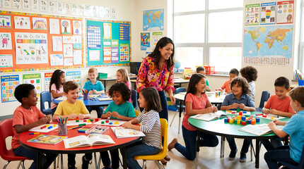 Obraz premium Teacher Assisting Young Students in Bright Classroom During Art Activity