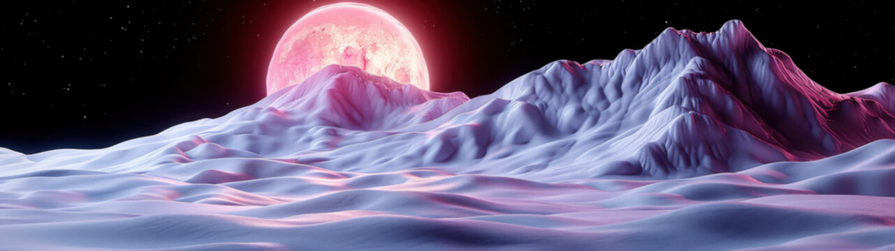 Crimson Celestial Tundra - A massive, glowing pink planet rises directly behind a range of snow-capped mountains, casting soft violet and magenta light across a rolling icy desert terrain