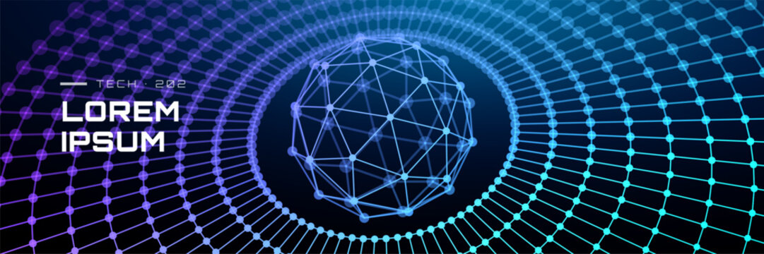 Abstract tech background with wireframe globe digital network. Lines glowing particles futuristic data sphere cyber space. Grid blue purple gradient modern ai technology concept.