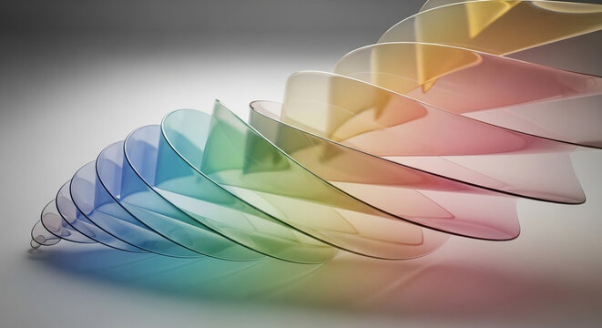 Vibrant rainbow glass helix structure featuring translucent curved layers in a modern 3D digital art design.
