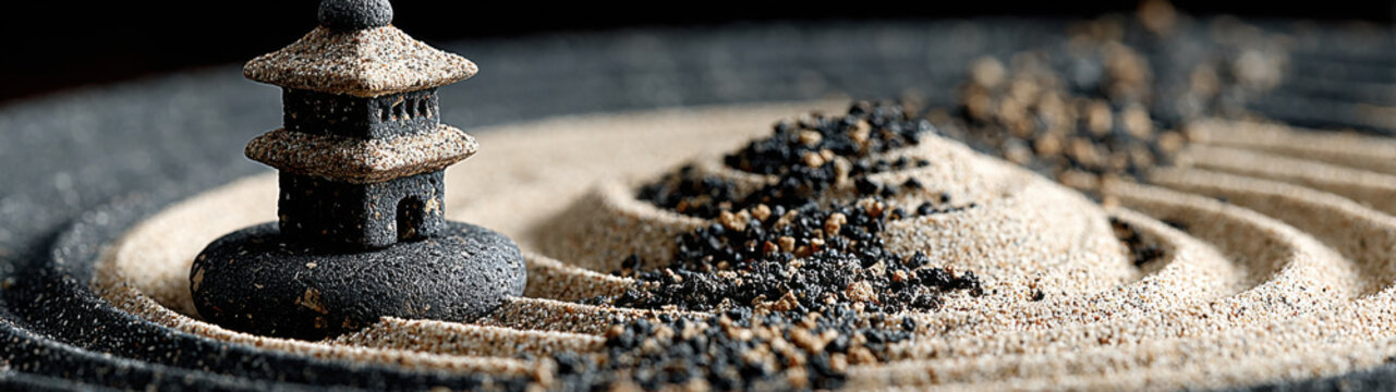 Zen Pagoda Sandbox - A miniature stone tower rests beside meticulously raked sand ridges swirling around a small volcanic rock mound scattered with fine black and tan basalt pebbles
