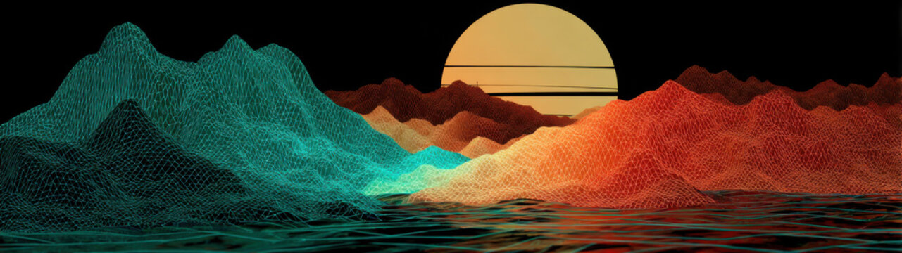 Deep navy, minimalist wireframe mountains, cyan laser sun, tilt-shift --chaos 100 --ar 32:9 --stylize 1000 --v 7 Job ID: b654915f-43a8-4890-986d-edc88a7919f0