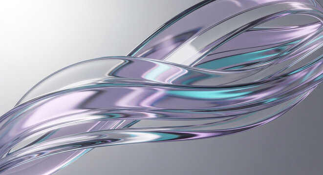 Abstract 3D Iridescent Glass Waves Flowing on Grey Background Shimmering Liquid Metal Ribbons Digital Art Concept