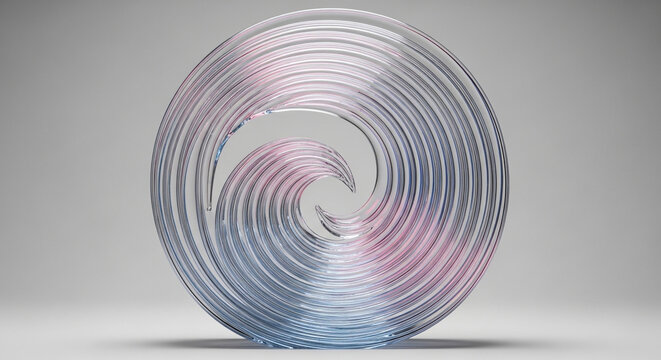 Abstract 3D Render of a Glass Spiral Sculpture with Pink and Blue Iridescent Reflections on Grey Background