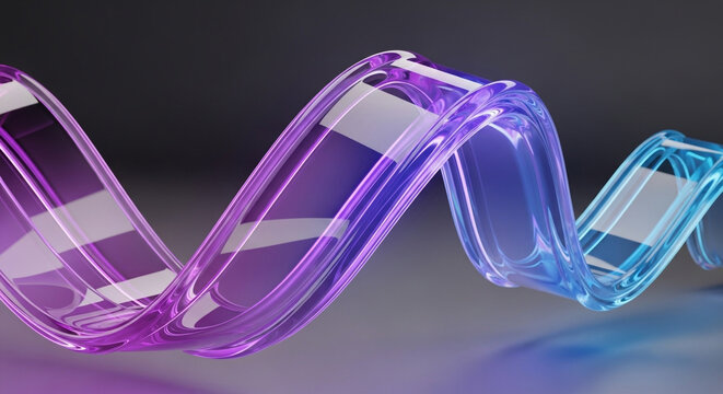 Abstract 3D Render of a Glossy Translucent Ribbon with Vibrant Purple and Blue Gradient Colors Flowing Through Space