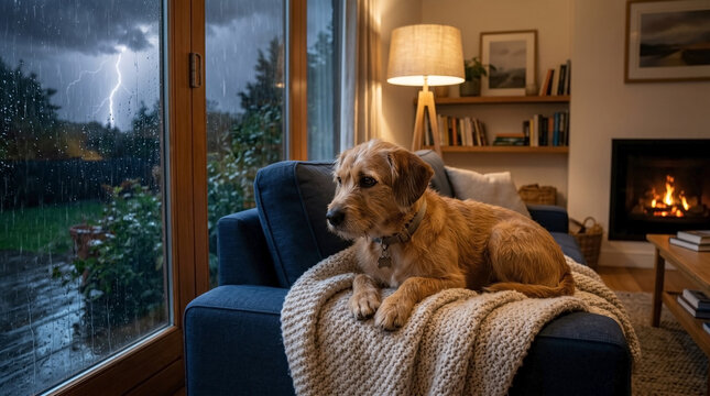 Brown domestic dog on blue couch, watching dog thunderstorm through window. Rain, lightning outside unsettling pet in dog thunderstorm.
