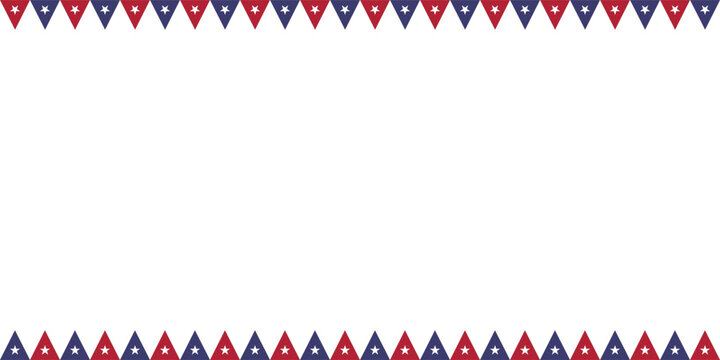 US Independence Day red and blue triangular bunting border. Patriotic 4th of July pennant flags frame, Patriotic American holiday celebration background template, copy space for banner, ads, poster.