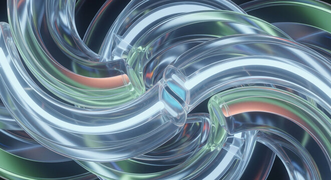 Futuristic Abstract 3D Illustration of Intertwined Translucent Glass Pipes with Soft Glowing Light Effects