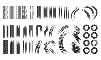 Vector black tire tracks collection, sports car wheel tyre prints isolated on white background. © Avartde