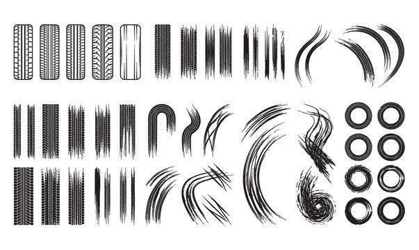 Vector black tire tracks collection, sports car wheel tyre prints isolated on white background.