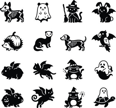 Set of cute halloween animals, including skeleton dogs, ghost pets, witch cats, bats, and magical frogs