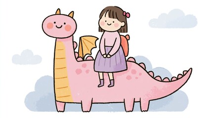 Fototapeta premium Cute cartoon illustration of a cheerful girl riding on the back of a pink dragon. Whimsical clipart isolated on a white background, perfect for children's books, stickers, nursery designs, and creativ